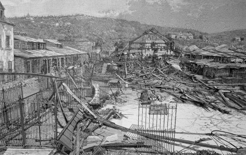 Damage after a cyclone on the island of Martinique. The ruins of the market hall in Fort-de-Frane. The Martinique Hurricane of 1891