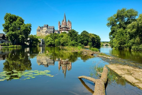 Limburg Cathedral St. Georg or St. George's Cathedral and Limburg Castle over the River Lahn