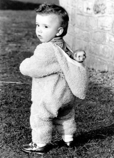 Toddler wears ferret in hood
