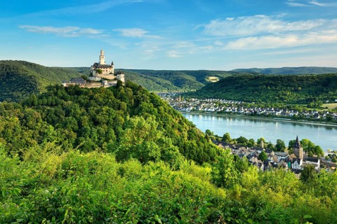 View of the Marksburg castle and the city of Braubach am Rhein