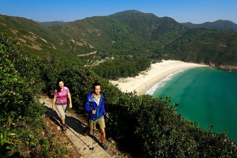 Hikers on the McLehose Trail overlooking Long Ke Beach