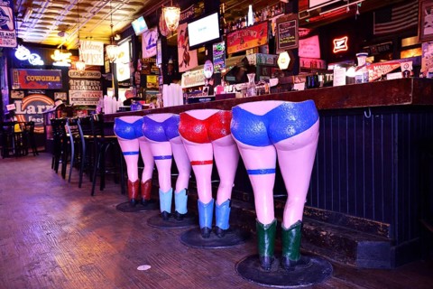 Barstool in the form of a can-can dancer in the Longhorn Saloon