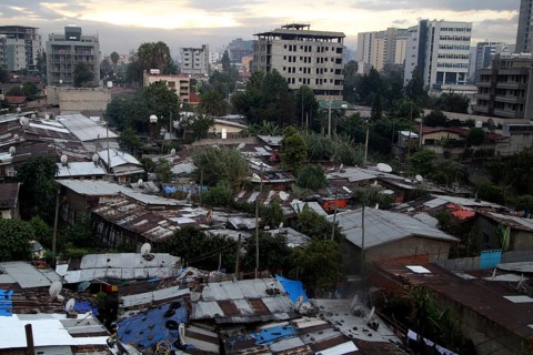 Poor district with corrugated iron huts on the outskirts