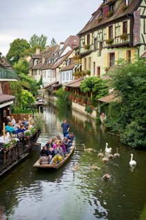 Tourists in a bark and swans on the river Lauch