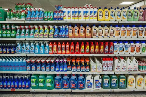 Shelf with cleaning materials in a supermarket