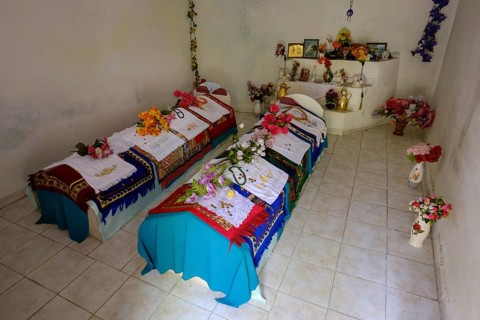 Flower-decorated tombs of Baba Sulltan and Baba Kapllan