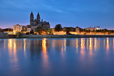 City view with Magdeburg Cathedral at the river Elbe