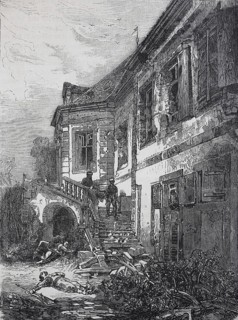 Dead soldiers and the demolished Castle Schafenburg on the Gaisberg near Heidelberg after the storming