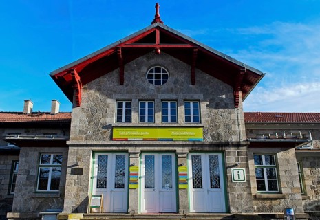 Divided border station Zelezna Ruda-Alzbetin with state border through the middle door