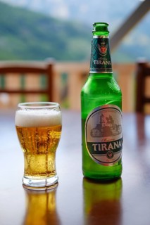 Tirana beer bottle and beer glass