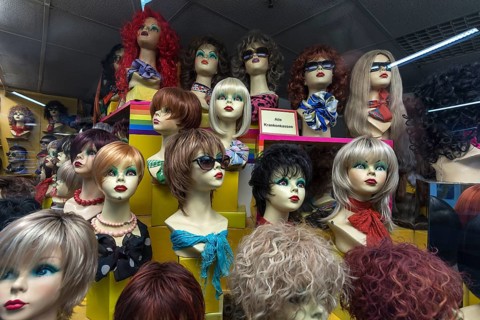 Shop window of a wig store