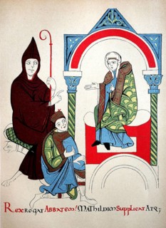 Emperor Henry IV kneels in front of the Margravine Mathilde to Canossa