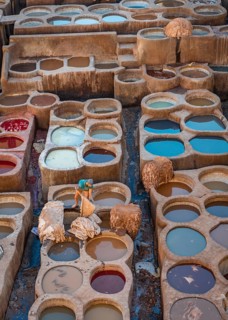 Worker dyeing leather