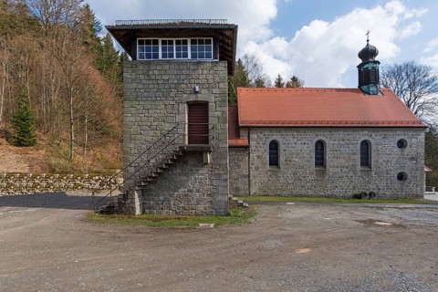 Former watchtower and devotional chapel in the concentration camp memorial Flossenburg