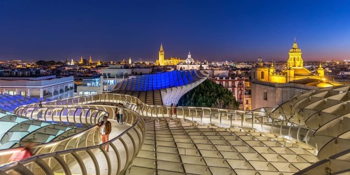 View from Metropol Parasol to numerous churches in the evening
