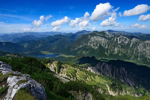 View from the Durrnbachhorn on lakes Lodensee and Mittersee