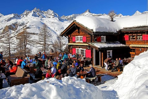 Mountain inn with sun terrace in winter on Riffelalp 2222m