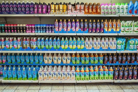 Shelf with detergent in a supermarket