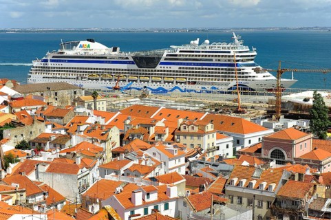 View from Miradouro das Portas do Sol on river Tejo with docked cruise ship