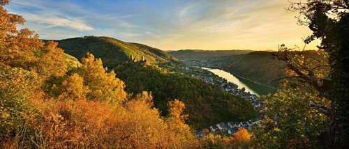 View into the Moselle valley in autumn with Thurant Castle over the wine village of Alken