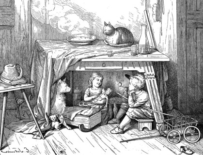 Boy secretly smokes a pipe under the table