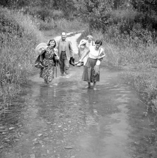 People cross the brook