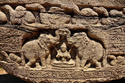 Moonstone with elephant motifs in front of the round reliquary house Vatadage