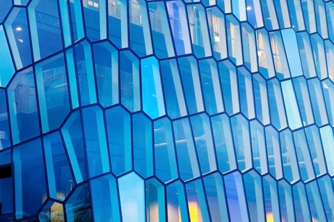 Facade detail of the honeycomb structure made of dichromatic glass by Olafur Eliasson