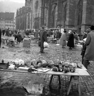 Stand with savoy cabbage on a marketplace at Freiburg Cathedral