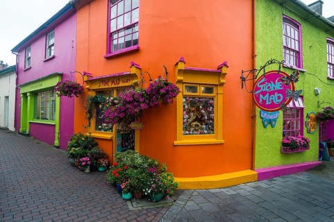 Brightly coloured facade of shops in Kinsale