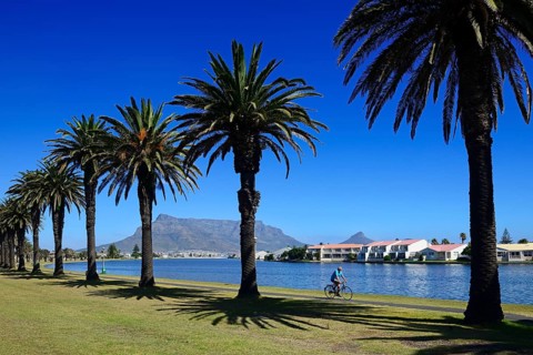 Cyclist in front of Woodbridge Island with views of Table Mountain and Lion's Head