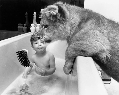 Boy and lion in the bathroom