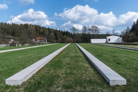 Marked foundations of the former prisoner barracks in the Flossenburg