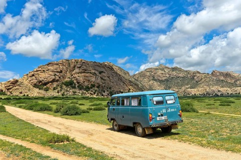 UAZ four wheel drive on the way to the Khugnu Khan mountain range