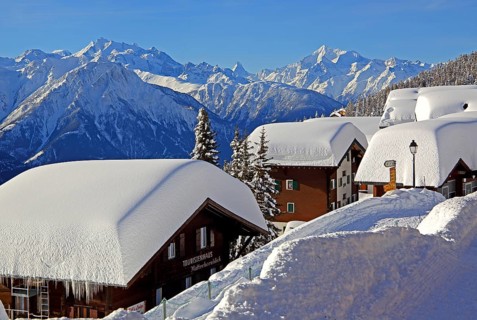 Chalets with deep snow in the village