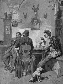 Impostor bothering the locals in a village inn with his tales