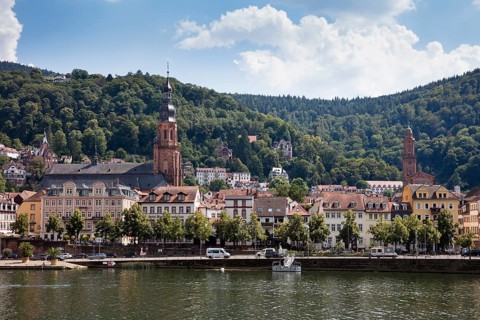 City view with Church of the Holy Spirit on the banks of the Neckar