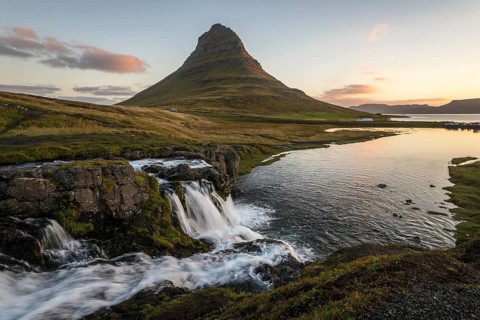 Sunrise on Kirkjufell mountain with waterfall Kirkjufellfoss