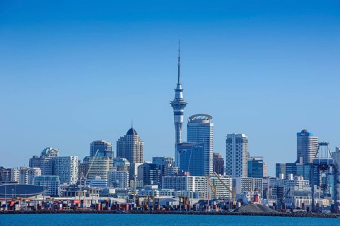 Container harbour and skyline of Auckland