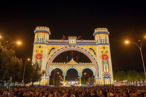 Colorful illuminated entrance portal at night