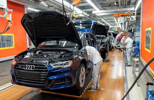 Installation of the front seats on the assembly line of the Audi A3 at the Audi AG plant in Ingolstadt