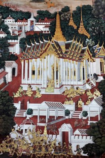 Buddhist temple complex with scene from Ramakia