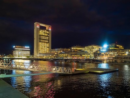 High-rise buildings at the South Dock by night