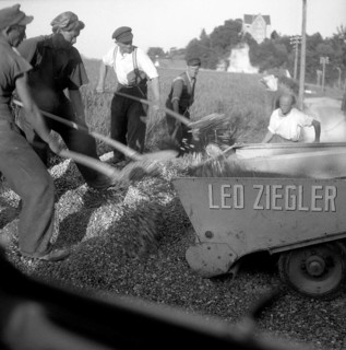 Workers shovel pebbles into a wagon