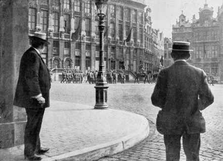 German infantry parading on Brussels Grand Place on 20 August 1914