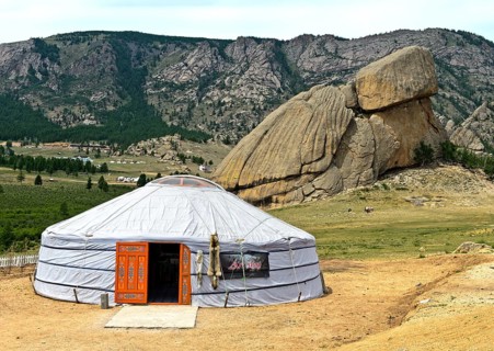 Yurt in front of the rock formation turtle