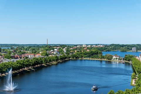 View from the cathedral over the city with Pfaffenteich and Ziegelsee