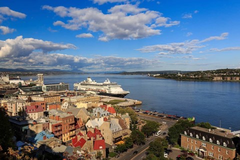Cruise ship MS Veendam anchors in front of the historic old town of Quebec