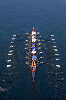 Rowers rowing in rowing boat