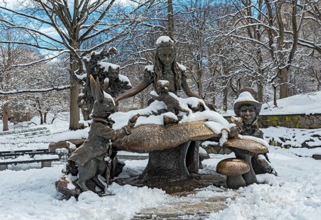 Alice in Wonderland Margaret Delacorte Memorial sculpture in Central Park in winter